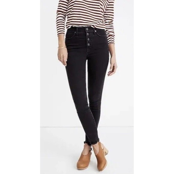 Madewell 10" High-Rise Skinny Black Jeans Button Fly Raw Hem Women Size 26p - Picture 1 of 13